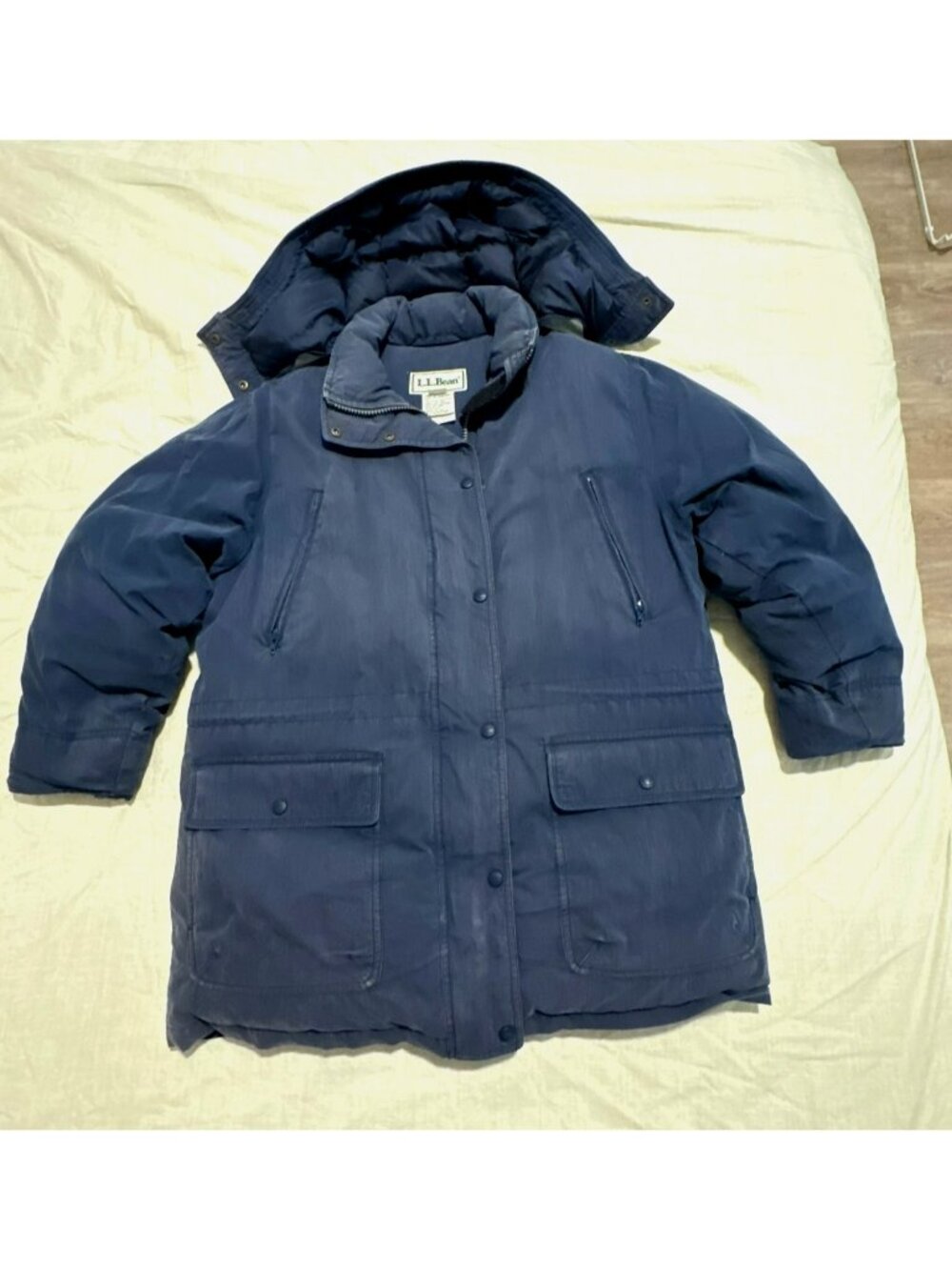 Vintage LL Bean Womens Large Goose Down Parka Coat Jacket Navy Blue Hooded